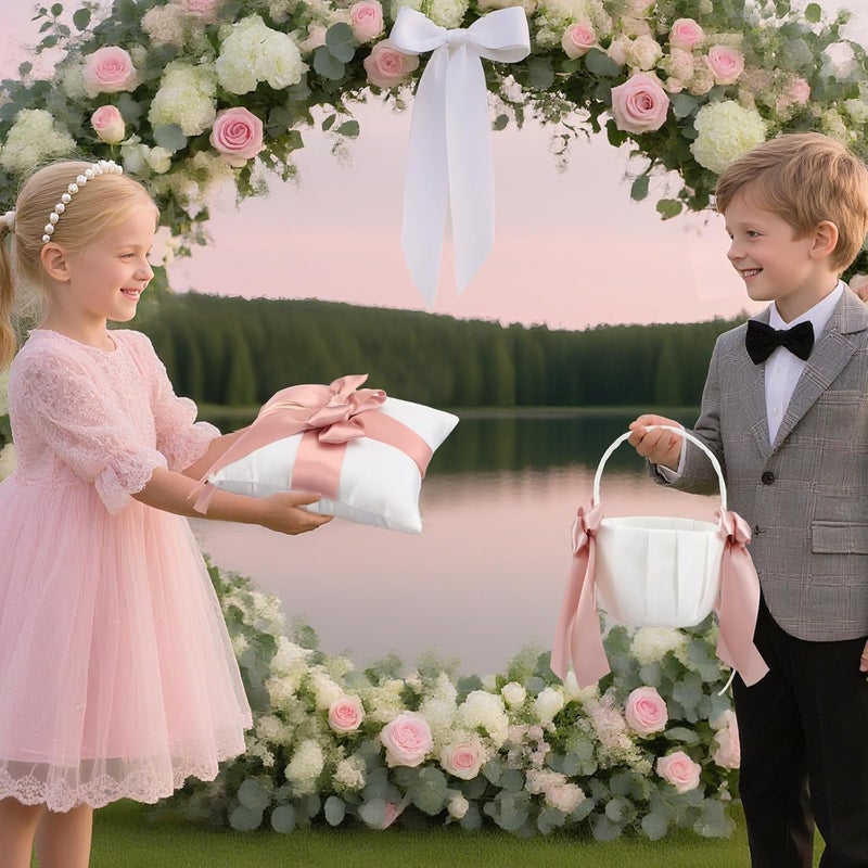 Ferrochef 2 Pcs Flower Girl Baskets and Ring Bearer Pillow Set Pink Satin Bowknot Flower Baskets White Ring Bearer Pillow Ivory Satin Wedding Fairy Decor for Wedding Party Ceremony - Image 3
